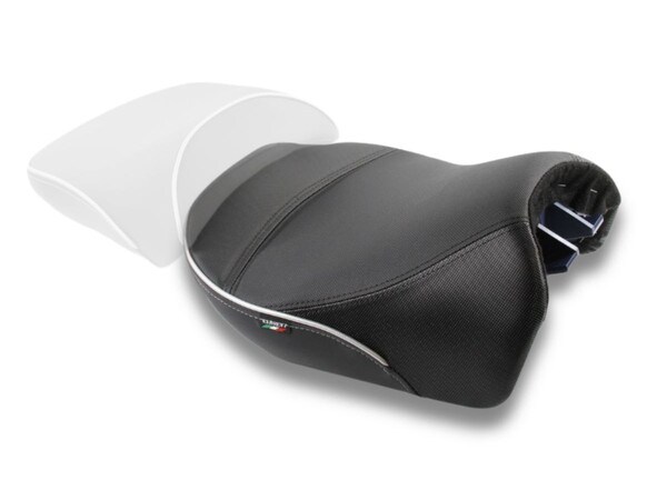 Beautiful Performance Plus front motorcycle seat with Metallic Silver accents and Italian Tag - available only from Sargent Cycle Products.